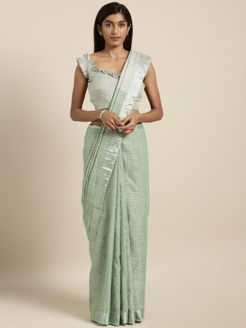 

Kvsfab Green & Silver-Toned Self-Checked Linen Blend Saree