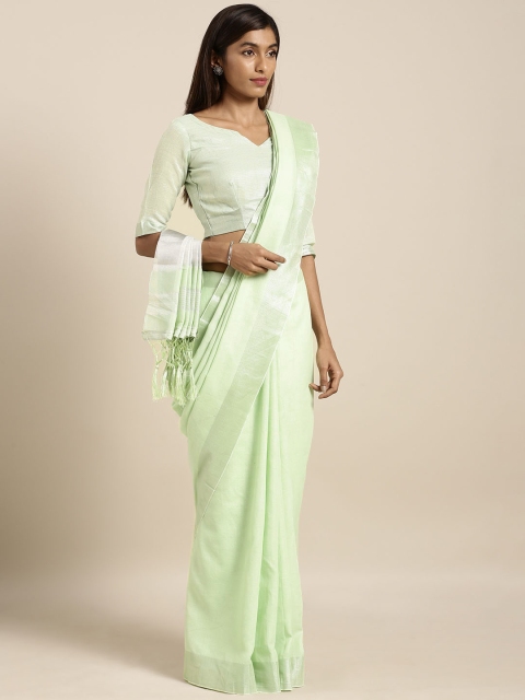 

Kvsfab Light Green Solid Linen Blend Saree