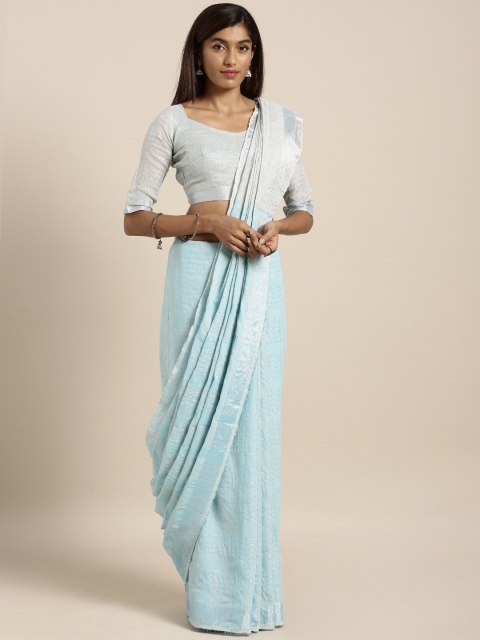 

Kvsfab Women Blue & Silver-Coloured Woven Design Linen Blend Saree