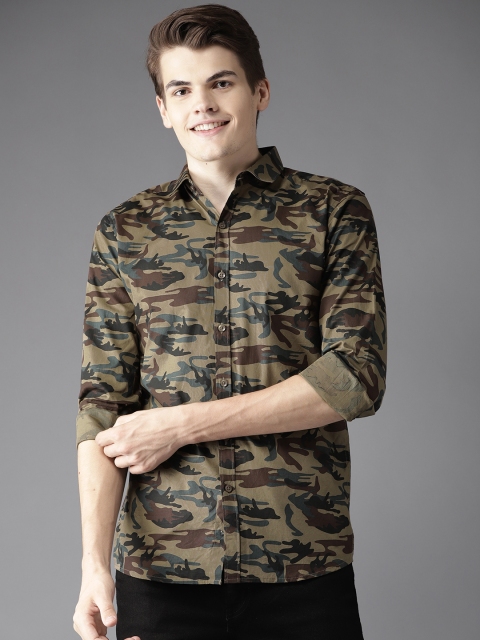 

DENNISON Men Olive Brown & Green Slim Fit Camouflage Print Casual Shirt