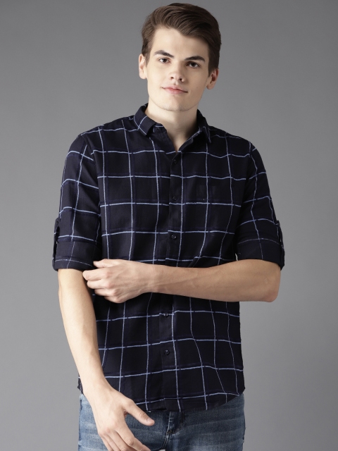 

DENNISON Men Navy Slim Fit Checked Casual Shirt, Navy blue