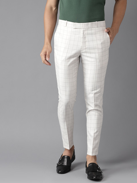 

DENNISON Men Off-White & Grey Smart Tapered Fit Checked Regular Trousers