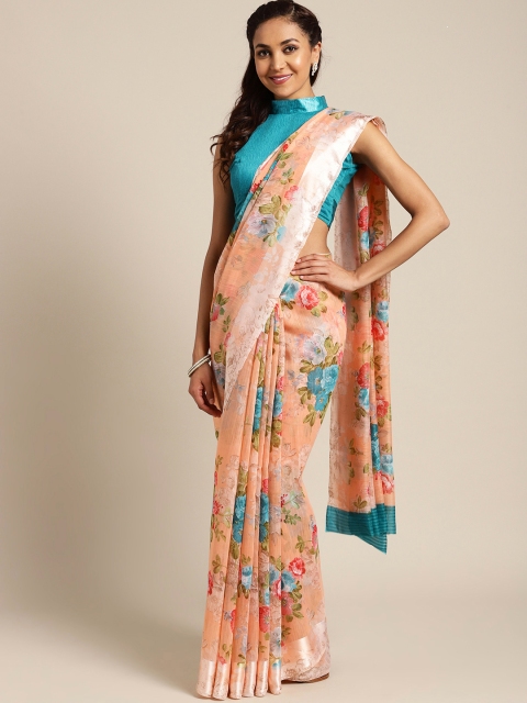 

Saree mall Peach-Coloured & Blue Printed Saree