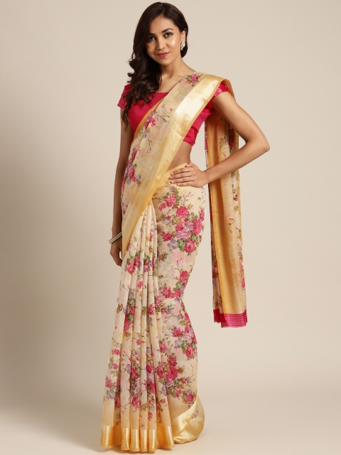 

Saree mall Yellow & Pink Cotton Blend Printed Saree