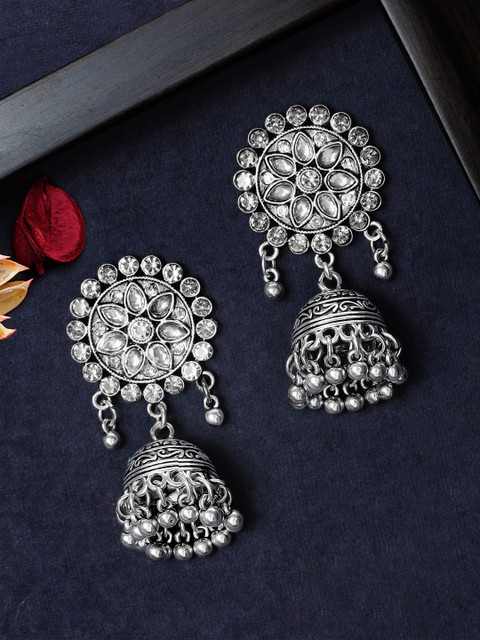 

Rubans Silver-Toned Handcrafted Dome Shaped Jhumkas