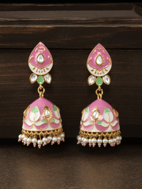 

Rubans Gold-Toned & Pink Handcrafted Dome Shaped Jhumkas
