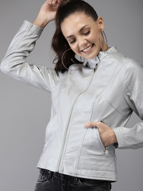 

HERE&NOW Women Grey Solid Biker Jacket