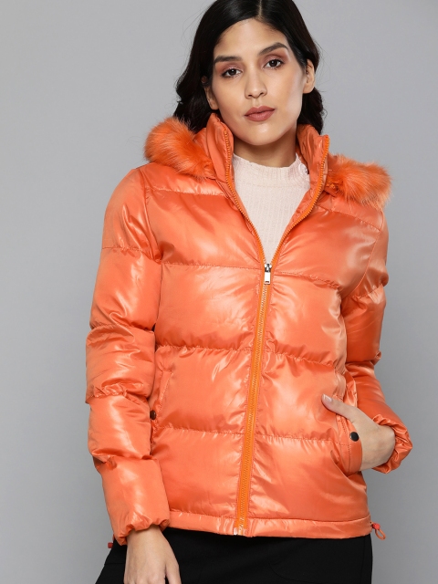 

HERE&NOW Women Orange Solid Windcheater Puffer Jacket