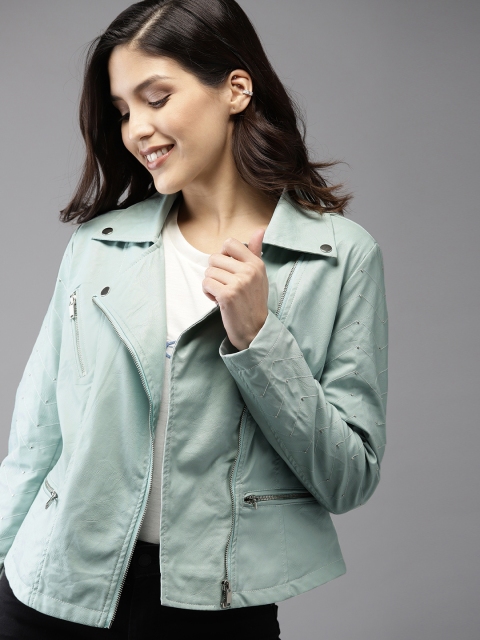 

HERE&NOW Women Blue Solid Biker Jacket