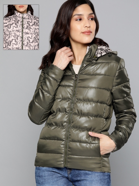 

HERE&NOW Women Olive Green Solid Reversible Puffer Jacket