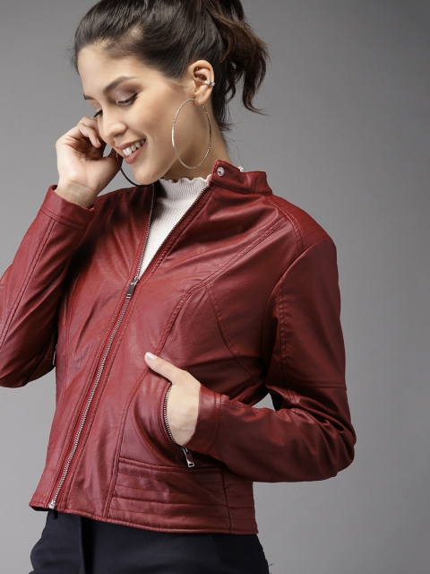 

HERE&NOW Women Maroon Solid Biker Jacket