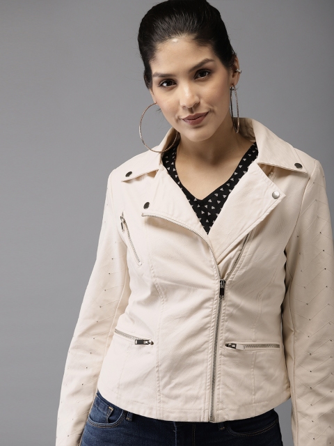 

HERE&NOW Women Off-White Solid Biker Jacket