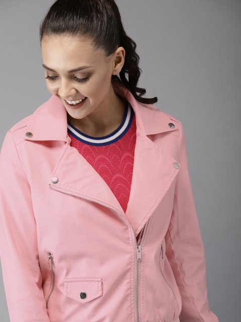 

HERE&NOW Women Pink Solid Biker Jacket