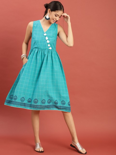 

Taavi Women Turquoise Blue Checked Hand Block Print Legacy Sustainable Dress with Gathers & Tassels