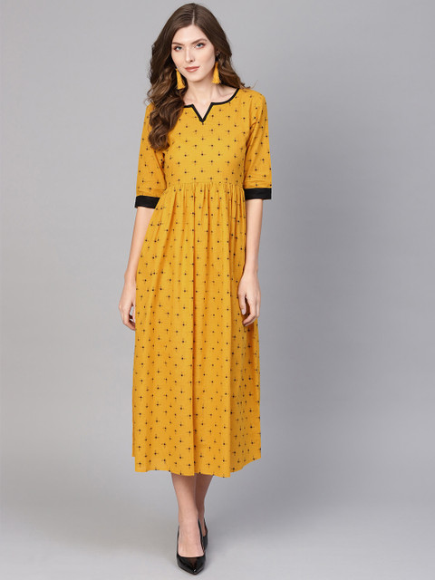 

GERUA Women Mustard Yellow & Black Printed A-Line Dress