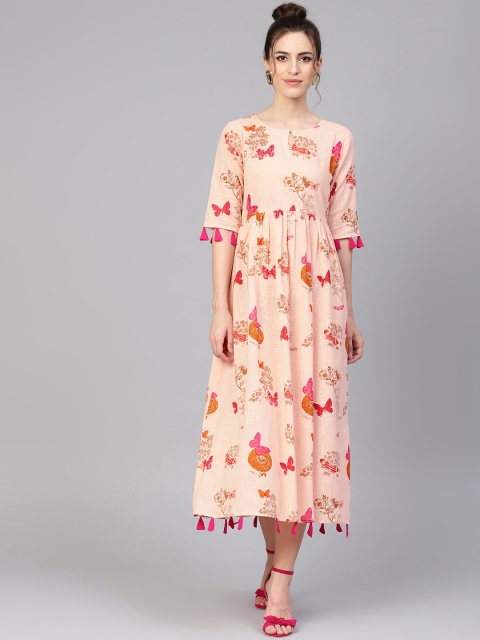 

GERUA Women Peach-Coloured & Magenta Butterfly Print Maxi Dress