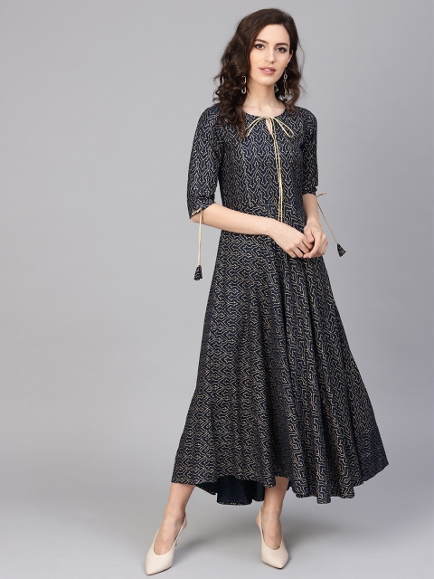 

GERUA Women Navy Blue & Golden Block Print A-Line Dress