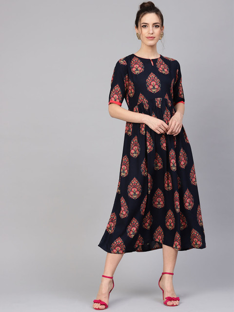 

GERUA Women Navy Blue & Pink Printed A-Line Dress
