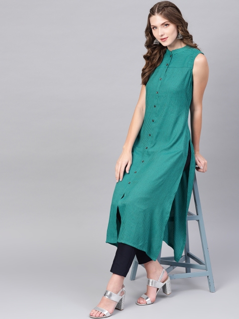 

GERUA Women Teal Green & Black Striped A-Line Kurta