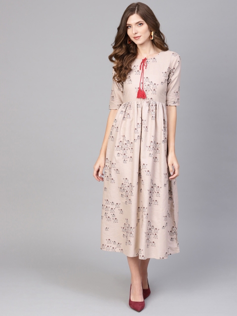 

GERUA Women Taupe & Black Printed A-Line Dress