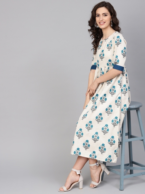 

GERUA Women Off-White & Blue Floral Print A-Line Dress