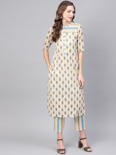 

GERUA Women Off-White & Blue Printed Kurta with Trousers