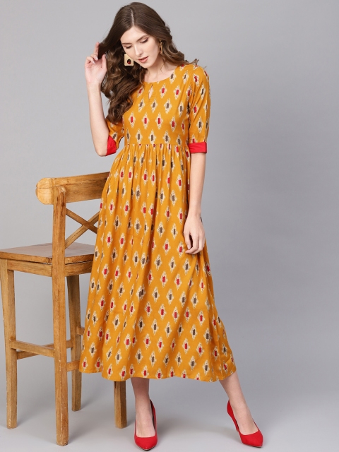 

GERUA Women Mustard Yellow & Red Block Print A-Line Dress