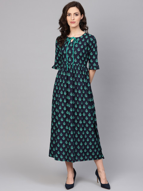 

GERUA Women Navy Blue & Green Printed A-Line Dress