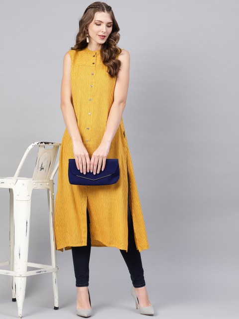 

GERUA Women Mustard Yellow & Black Striped A-Line Kurta