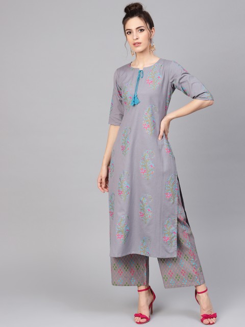 

GERUA Women Grey & Pink Block Print Kurta with Palazzos