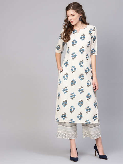 

GERUA Women Off-White & Navy Blue Printed Kurta with Palazzos