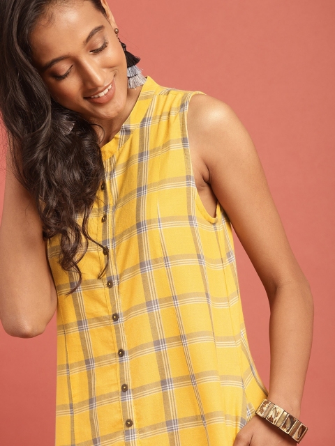 

Taavi Women Mustard Yellow & Grey Hand Block Print Legacy A-Line Sustainable Kurta