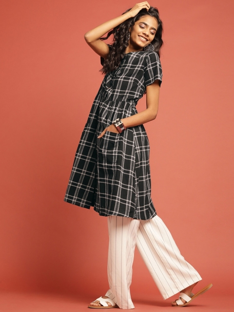 

Taavi Women Black & White Woven Legacy Checked A-Line Sustainable Kurta with Gathers & Pockets