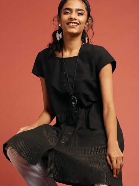 

Taavi Women Black Woven Legacy A-Line Sustainable Kurta with Gathers & Pockets