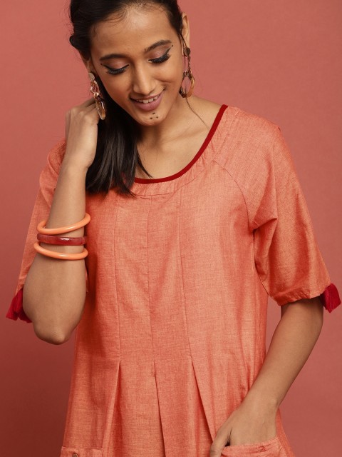 

Taavi Women Peach-Coloured Block Print Legacy A-Line Sustainable Kurta With Pleats & Pockets