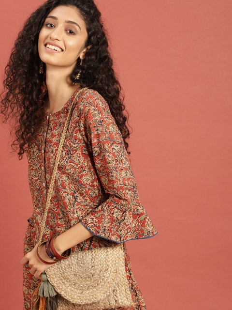 

Taavi Women Rust Orange Kalamkari Block Printed A-Line Fusion Sustainable Kurta With Bell Sleeves