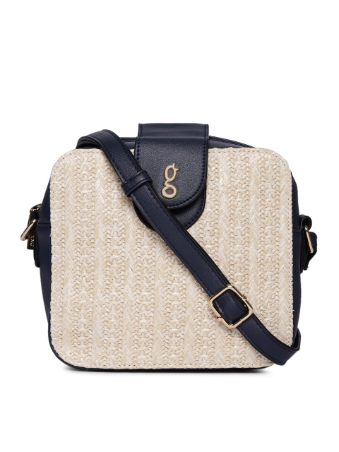 

Global Desi Beige & Navy Blue Colorblocked Self Design Sling Bag