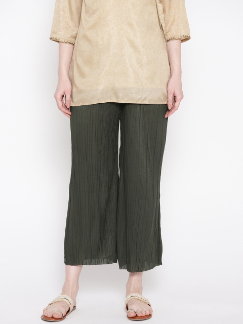 

ANTS Women Olive Green Loose Fit Solid Accordian Pleated Cropped Parallel Trousers
