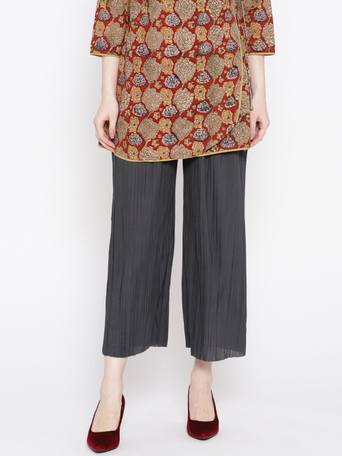 

ANTS Women Charcoal Grey Loose Fit Solid Accordian Pleated Parallel Cropped Trousers