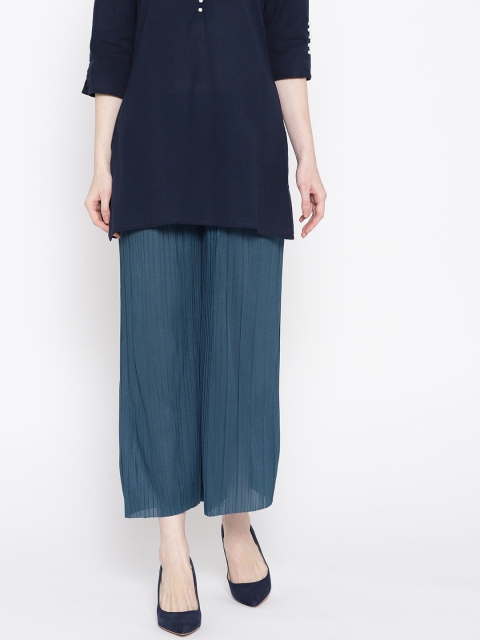 

ANTS Women Teal Blue Loose Fit Solid Accordian Pleated Parallel Trousers