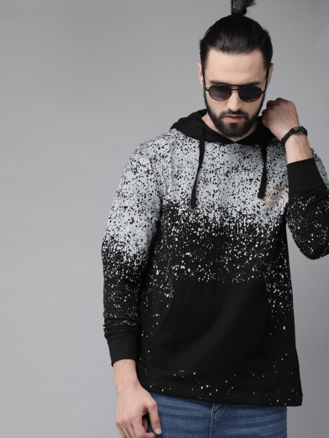 

The Roadster Lifestyle Co Men Black & Grey Printed Hooded Pullover Sweatshirt