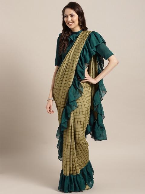 

MANOHARI Golden & Green Checked Pure Georgette Ruffled Saree, Gold