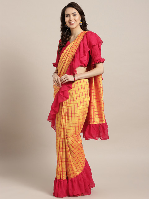 

MANOHARI Mustard Yellow & Red Checked Saree