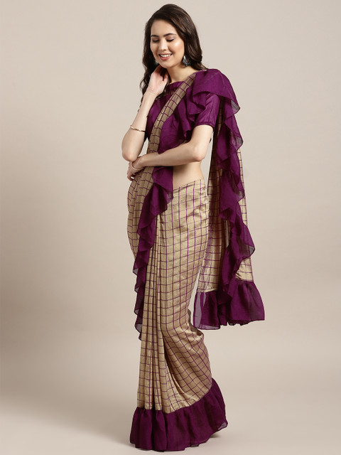 

MANOHARI Golden & Purple Checked Saree, Gold