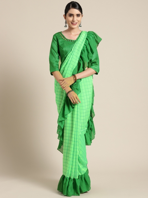 

MANOHARI Green Checked Georgette Ruffle Saree