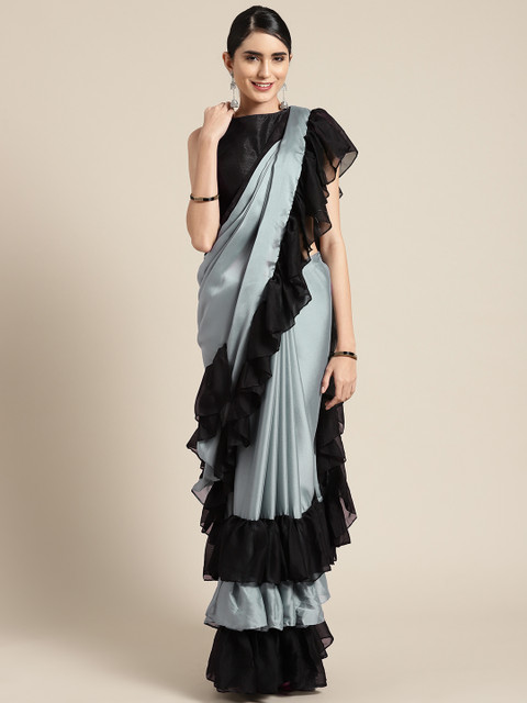 

MANOHARI Grey & Black Georgette Solid Ruffle Saree