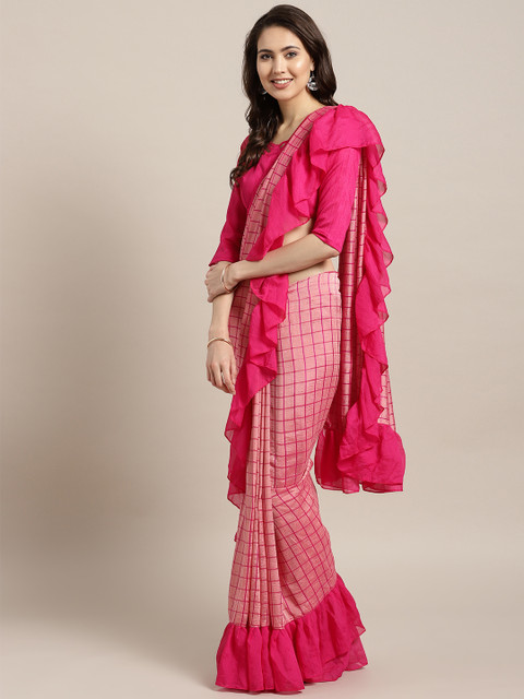 

MANOHARI Pink Ruffled Checked Saree