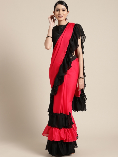 

MANOHARI Pink & Black Pure Georgette Solid Ruffel Saree