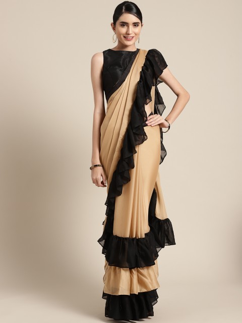 

MANOHARI Beige & Black Georgette Solid Ruffle Saree