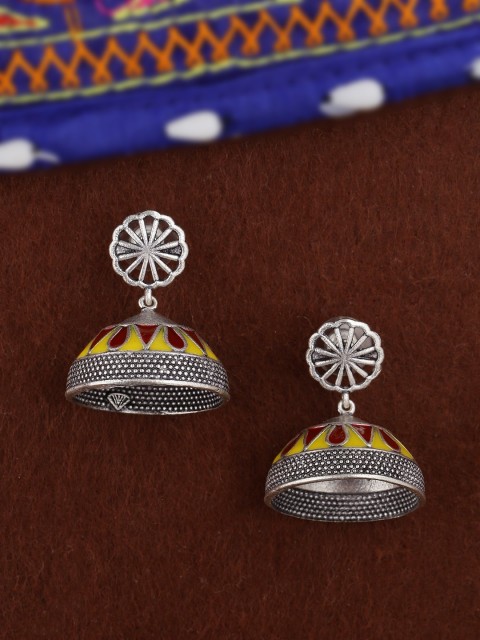 

Studio Voylla Silver-Plated & Yellow Enamelled Dome Shaped Jhumkas